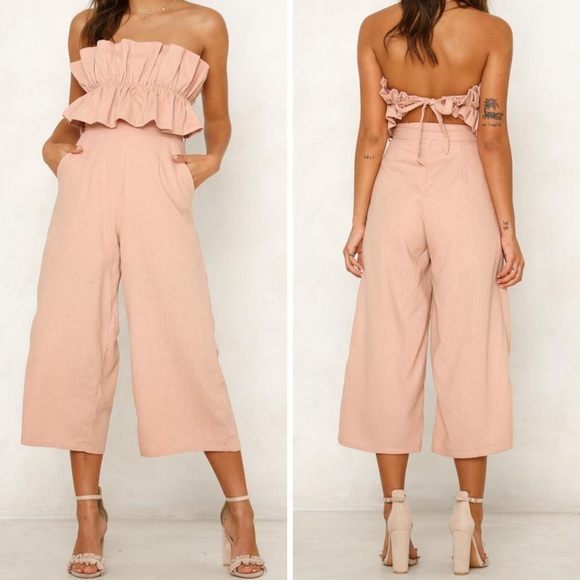 Aura Pants - NWT AURA Blush Pink Strapless Ruffle Top Linen Wide Leg Jumpsuit Sz M